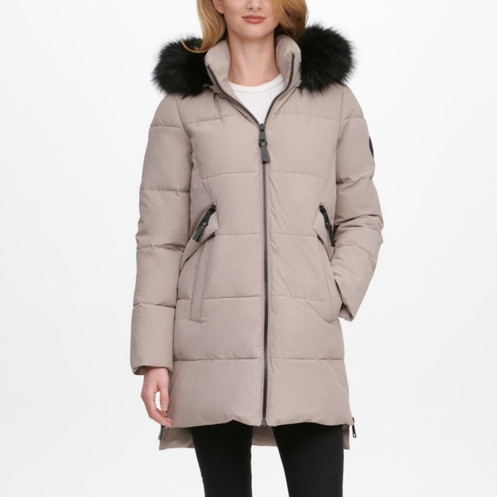 DKNY Faux-Fur-Trim Hooded Puffer Coat Size M